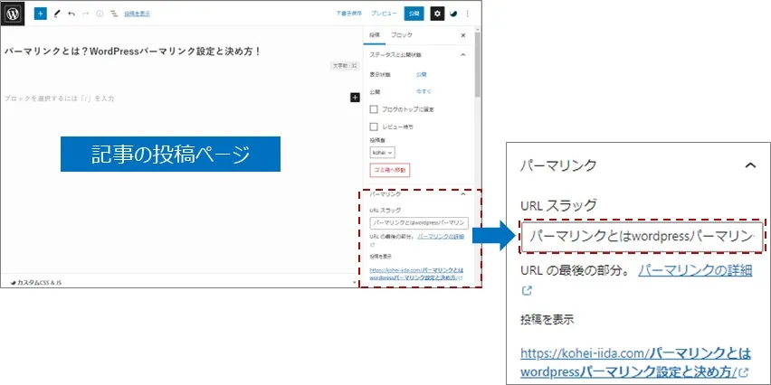 記事の投稿ページの右側の設定バー「URLスラッグ」